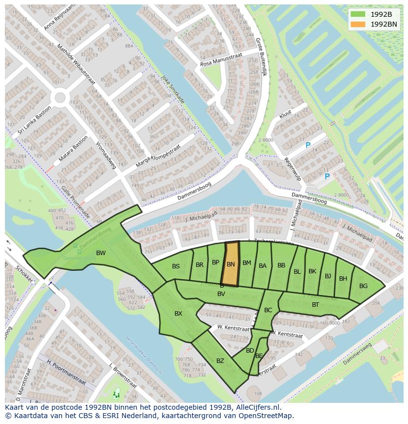 Afbeelding van het postcodegebied 1992 BN op de kaart.