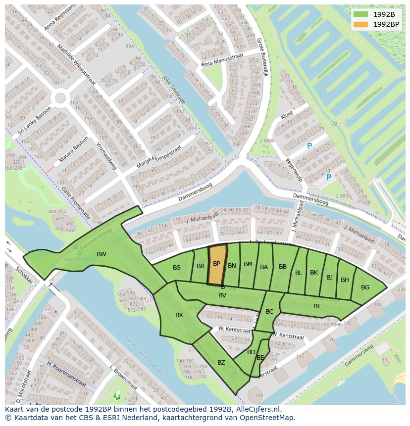 Afbeelding van het postcodegebied 1992 BP op de kaart.
