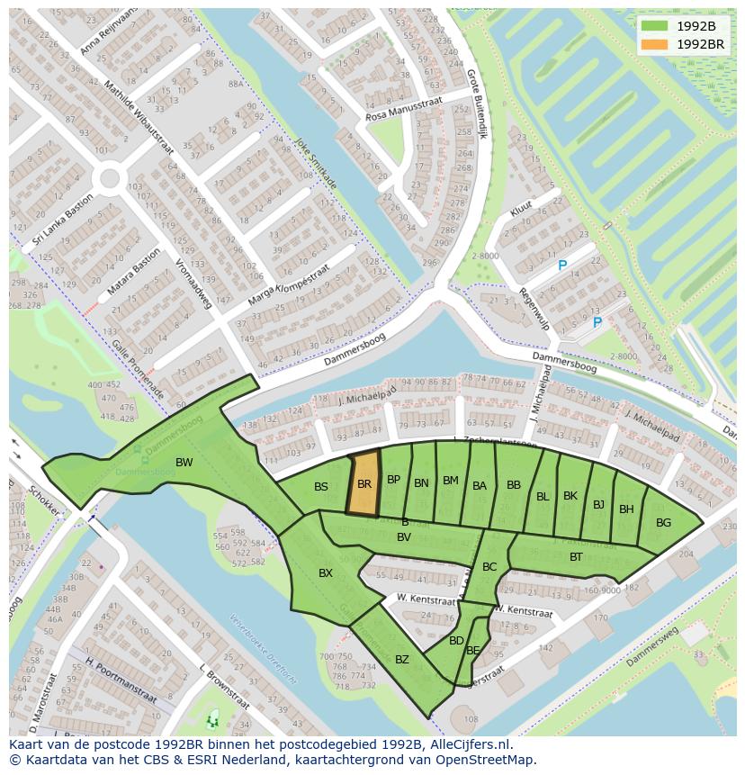 Afbeelding van het postcodegebied 1992 BR op de kaart.
