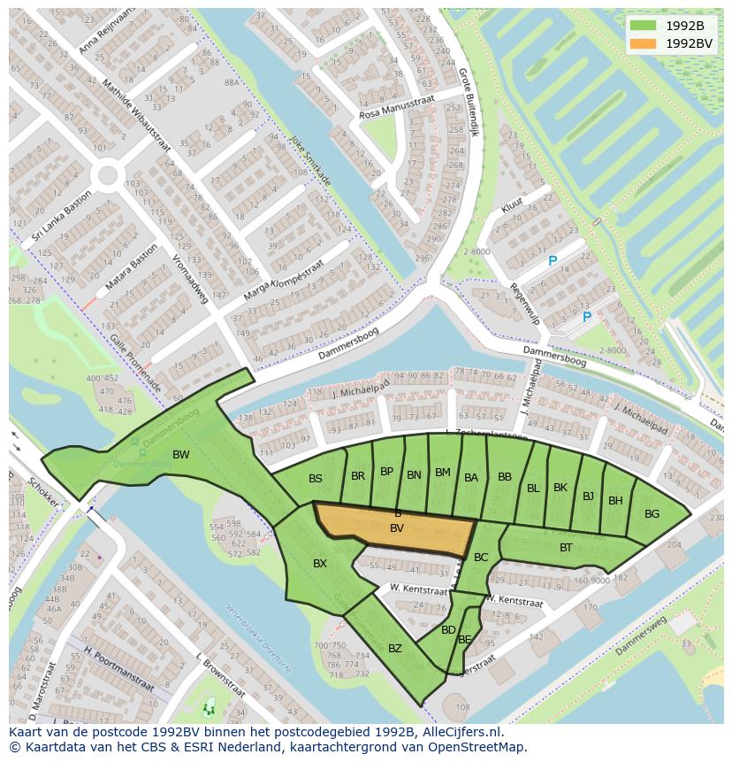 Afbeelding van het postcodegebied 1992 BV op de kaart.