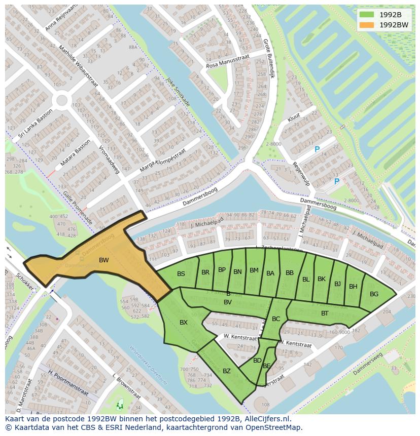 Afbeelding van het postcodegebied 1992 BW op de kaart.