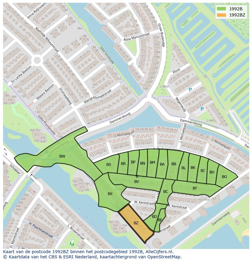 Afbeelding van het postcodegebied 1992 BZ op de kaart.