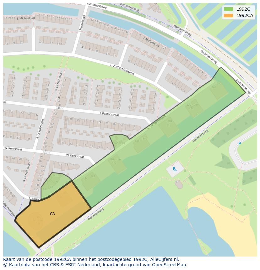 Afbeelding van het postcodegebied 1992 CA op de kaart.
