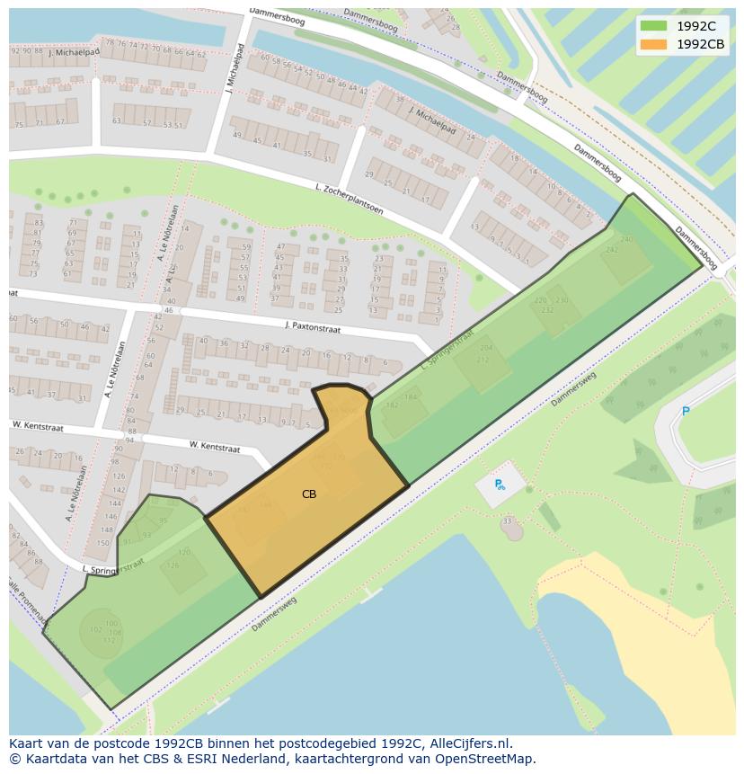Afbeelding van het postcodegebied 1992 CB op de kaart.