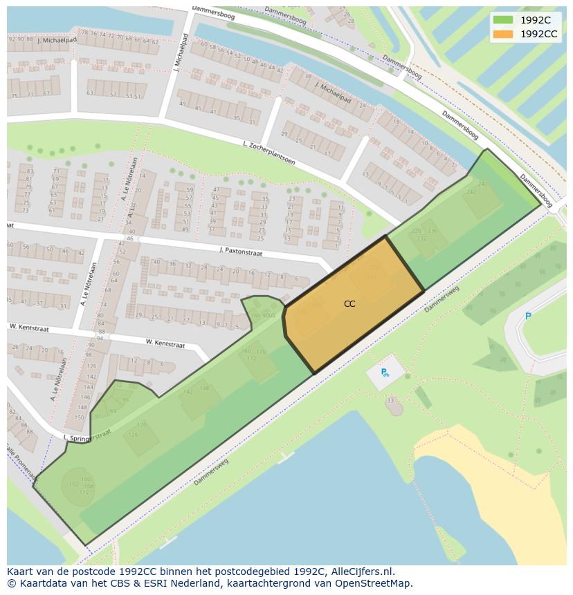 Afbeelding van het postcodegebied 1992 CC op de kaart.