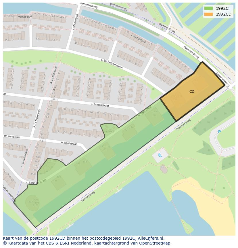 Afbeelding van het postcodegebied 1992 CD op de kaart.