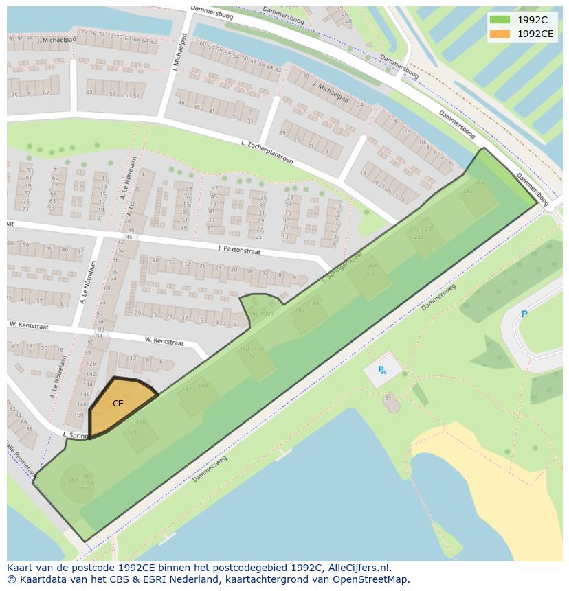Afbeelding van het postcodegebied 1992 CE op de kaart.