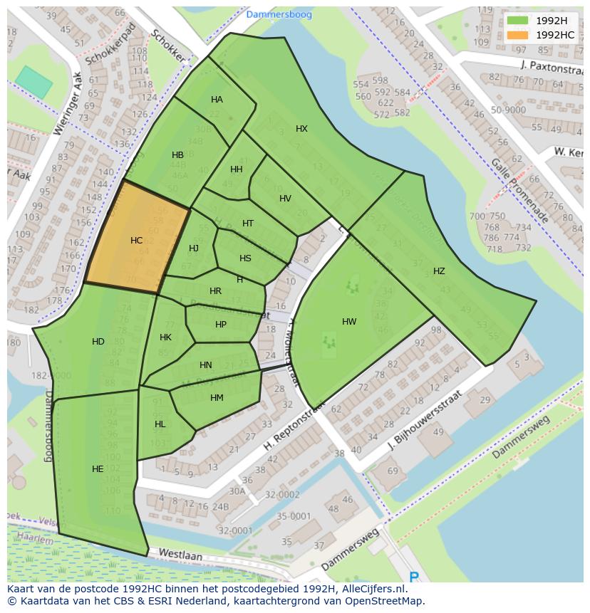 Afbeelding van het postcodegebied 1992 HC op de kaart.