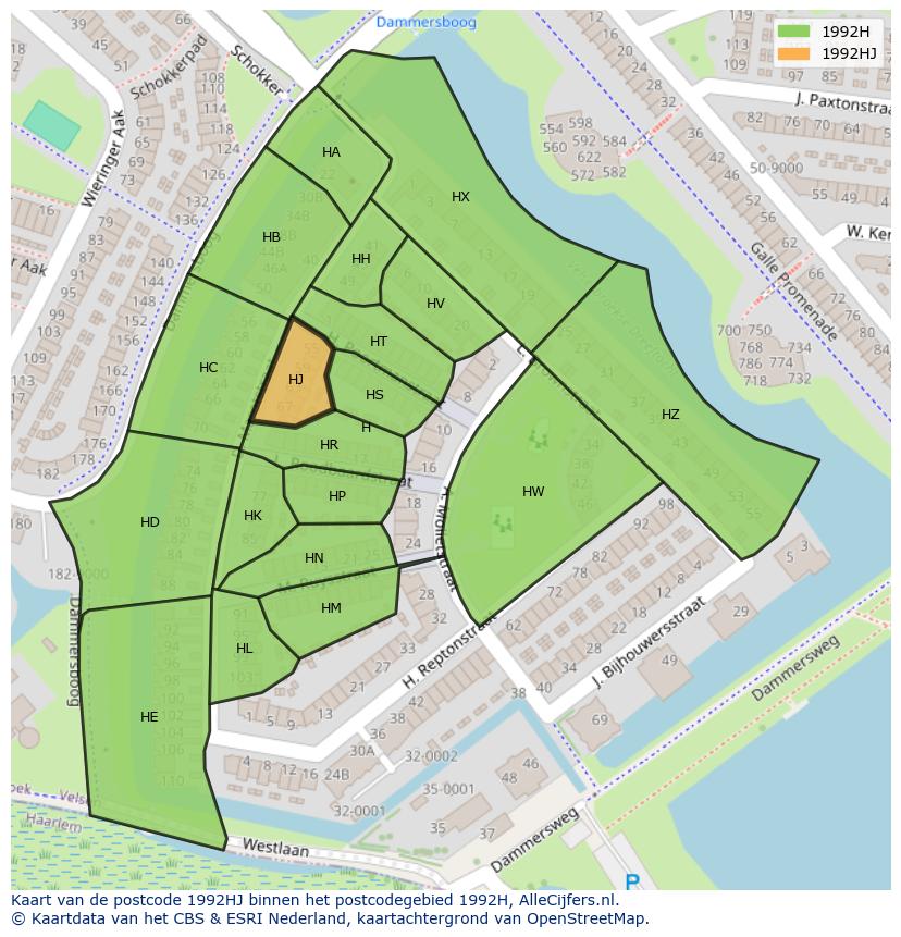 Afbeelding van het postcodegebied 1992 HJ op de kaart.
