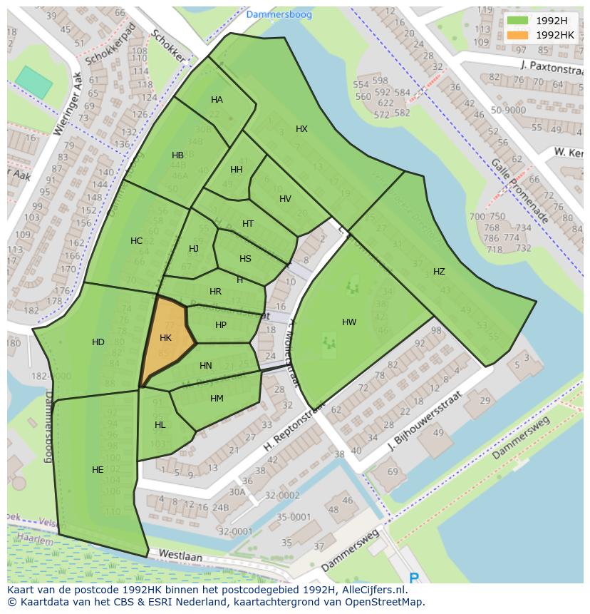 Afbeelding van het postcodegebied 1992 HK op de kaart.