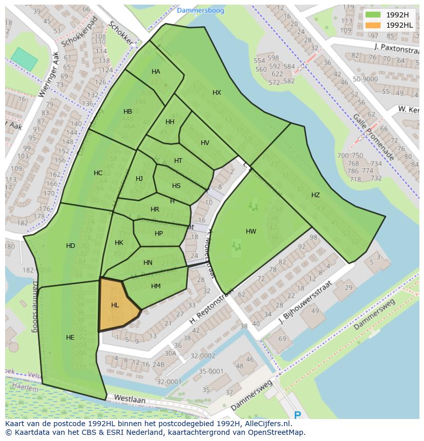 Afbeelding van het postcodegebied 1992 HL op de kaart.