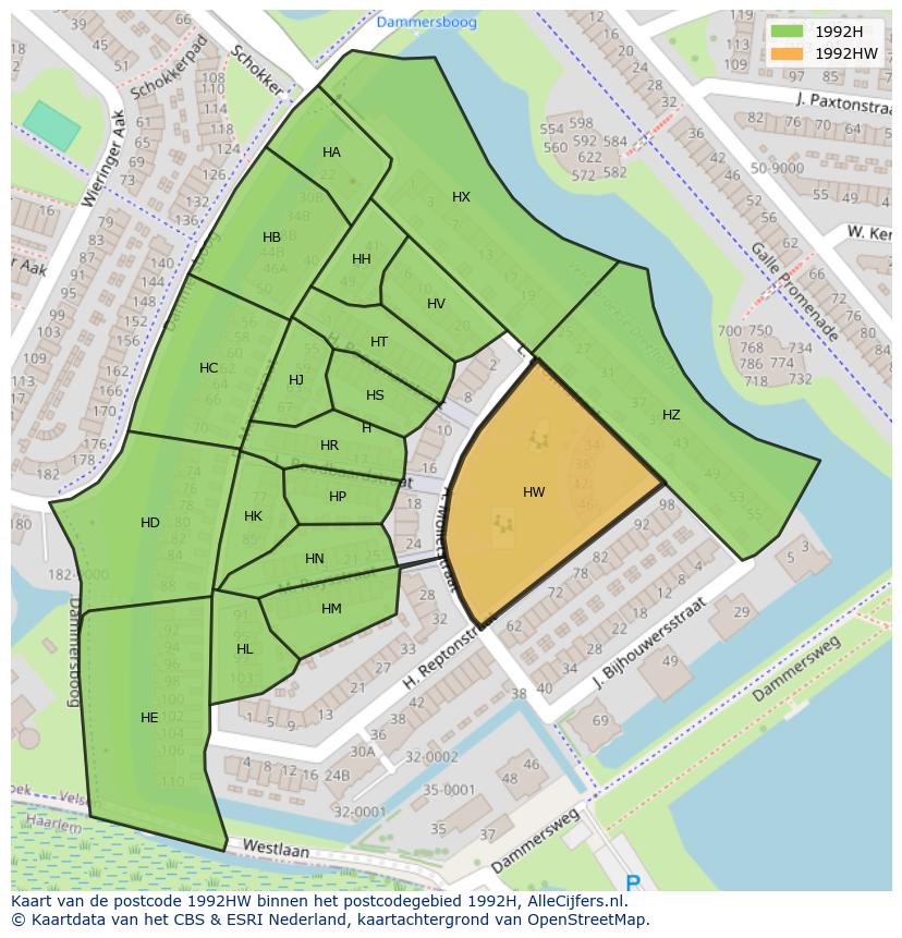 Afbeelding van het postcodegebied 1992 HW op de kaart.