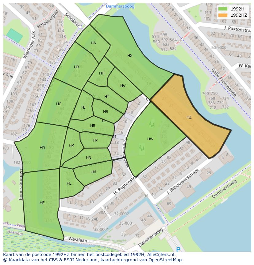 Afbeelding van het postcodegebied 1992 HZ op de kaart.