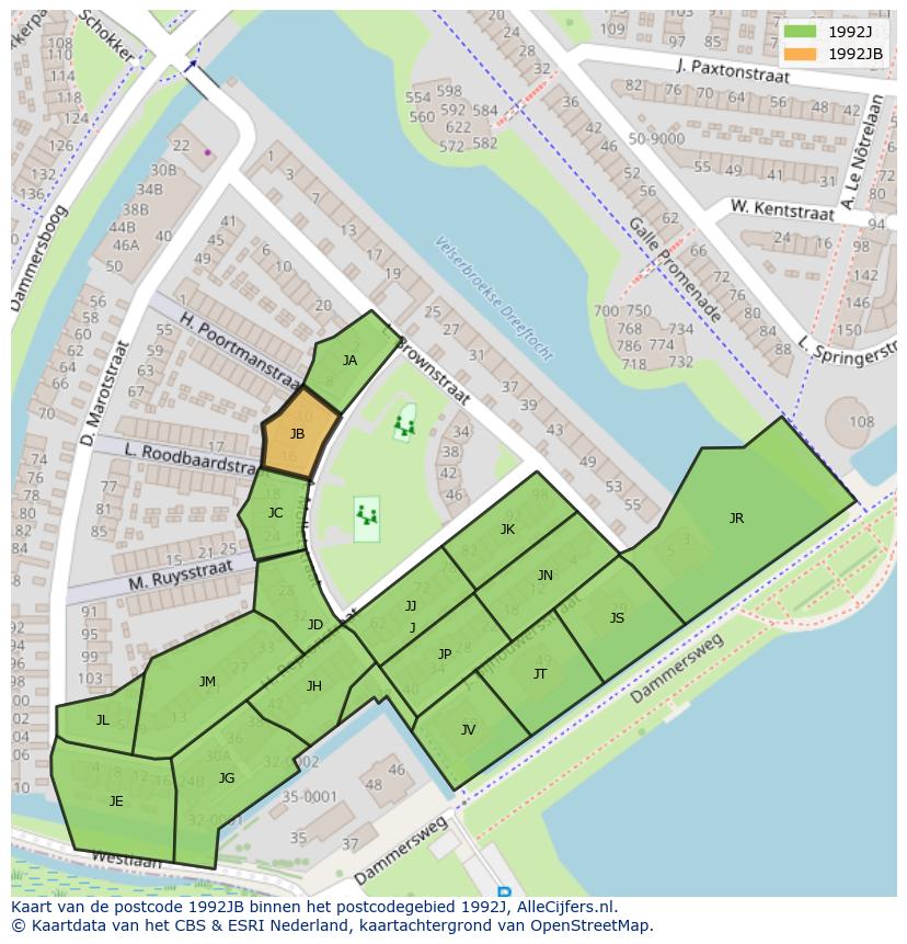 Afbeelding van het postcodegebied 1992 JB op de kaart.