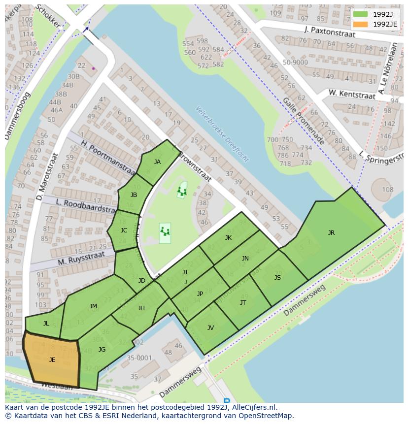 Afbeelding van het postcodegebied 1992 JE op de kaart.