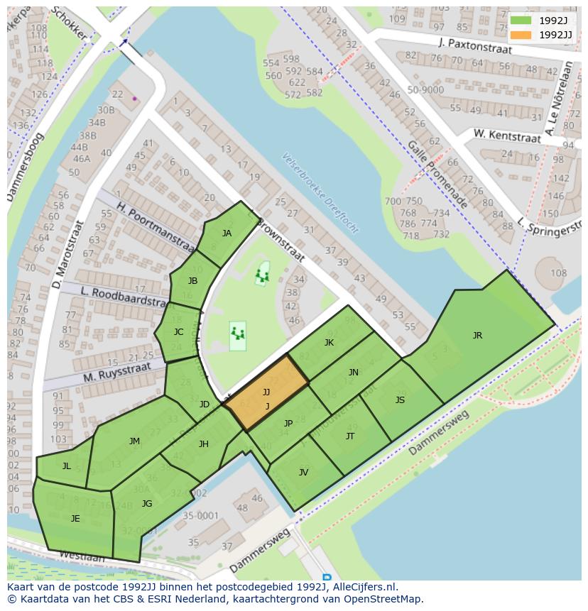 Afbeelding van het postcodegebied 1992 JJ op de kaart.
