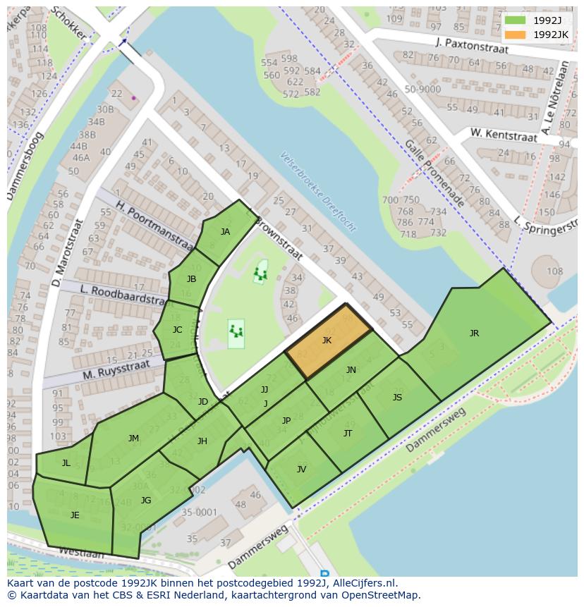Afbeelding van het postcodegebied 1992 JK op de kaart.