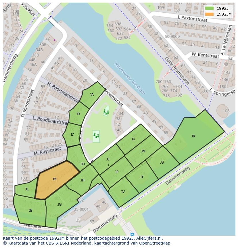 Afbeelding van het postcodegebied 1992 JM op de kaart.