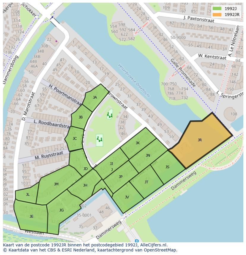 Afbeelding van het postcodegebied 1992 JR op de kaart.