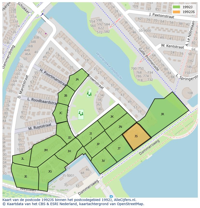 Afbeelding van het postcodegebied 1992 JS op de kaart.