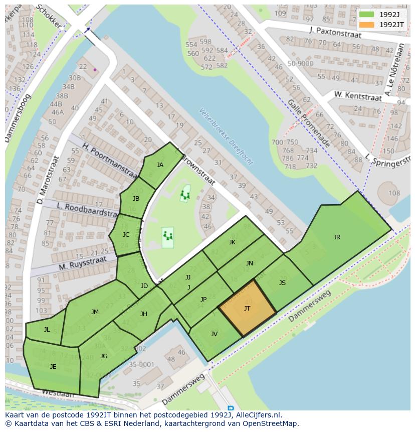 Afbeelding van het postcodegebied 1992 JT op de kaart.