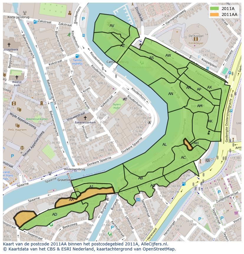 Afbeelding van het postcodegebied 2011 AA op de kaart.