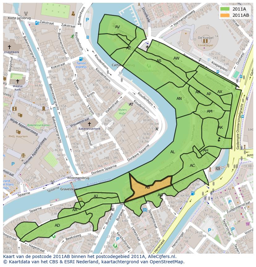 Afbeelding van het postcodegebied 2011 AB op de kaart.