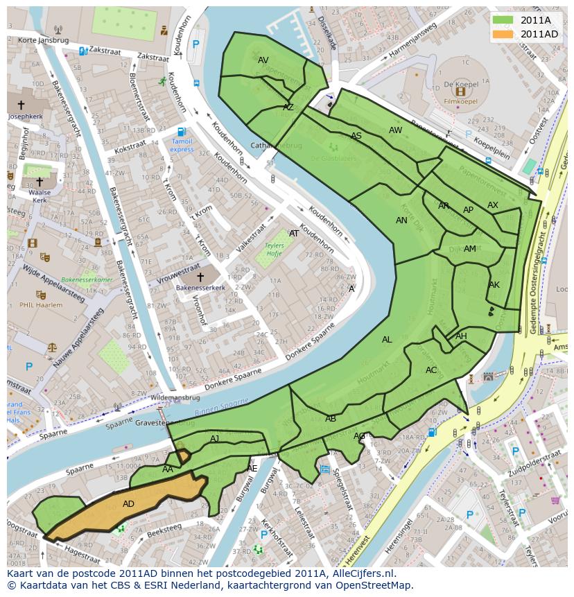 Afbeelding van het postcodegebied 2011 AD op de kaart.