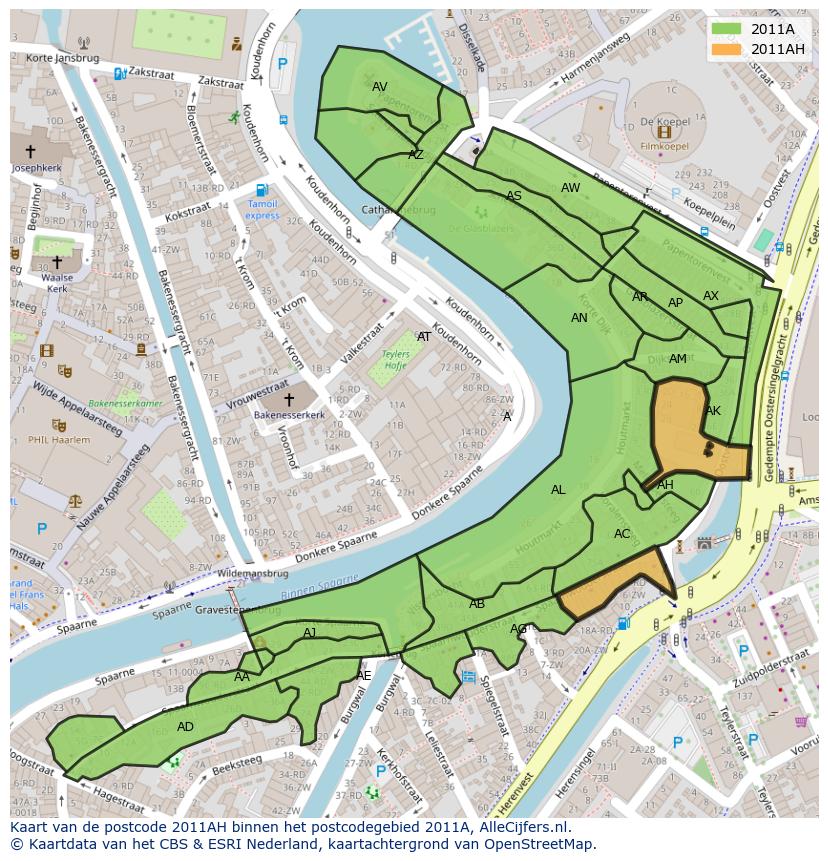 Afbeelding van het postcodegebied 2011 AH op de kaart.