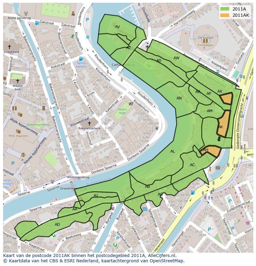 Afbeelding van het postcodegebied 2011 AK op de kaart.