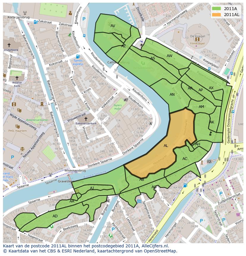 Afbeelding van het postcodegebied 2011 AL op de kaart.