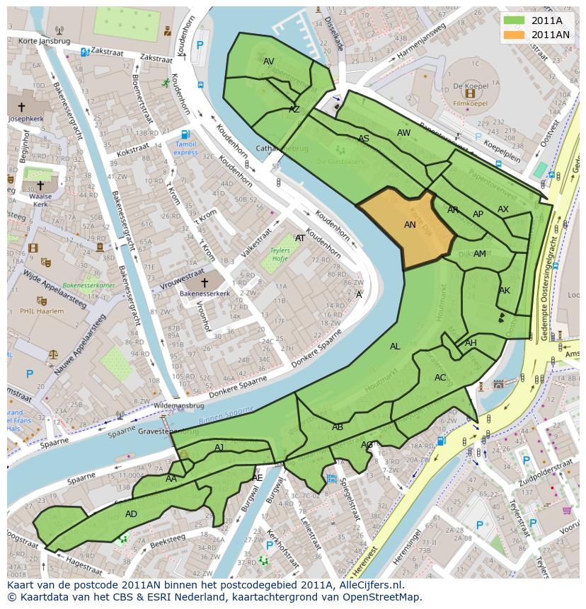 Afbeelding van het postcodegebied 2011 AN op de kaart.