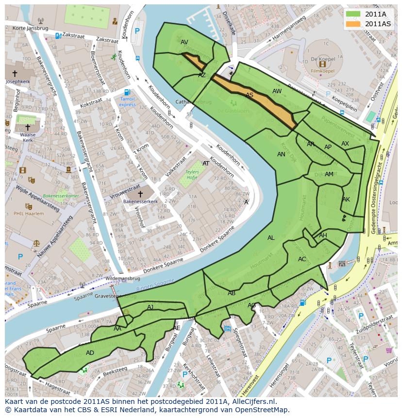 Afbeelding van het postcodegebied 2011 AS op de kaart.
