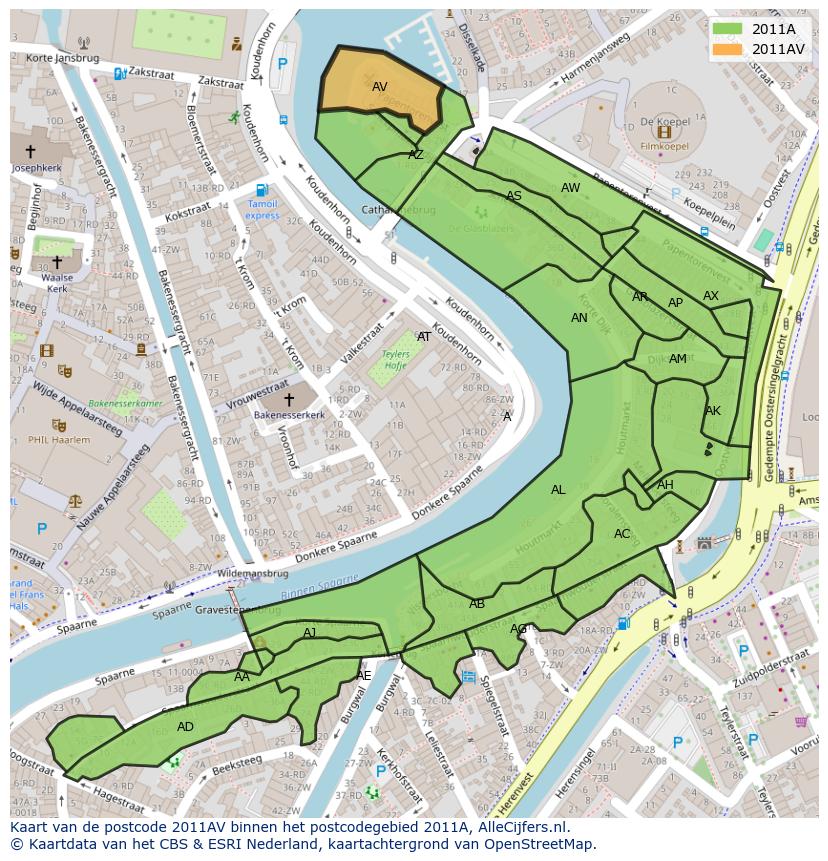 Afbeelding van het postcodegebied 2011 AV op de kaart.
