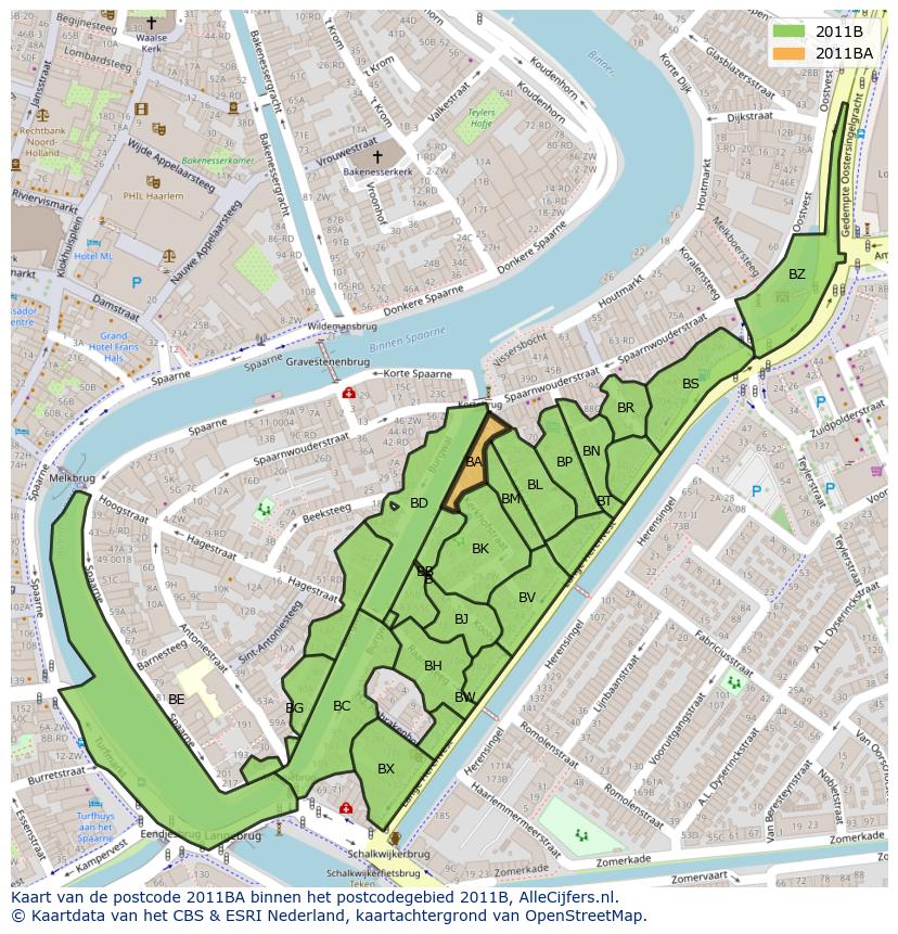 Afbeelding van het postcodegebied 2011 BA op de kaart.