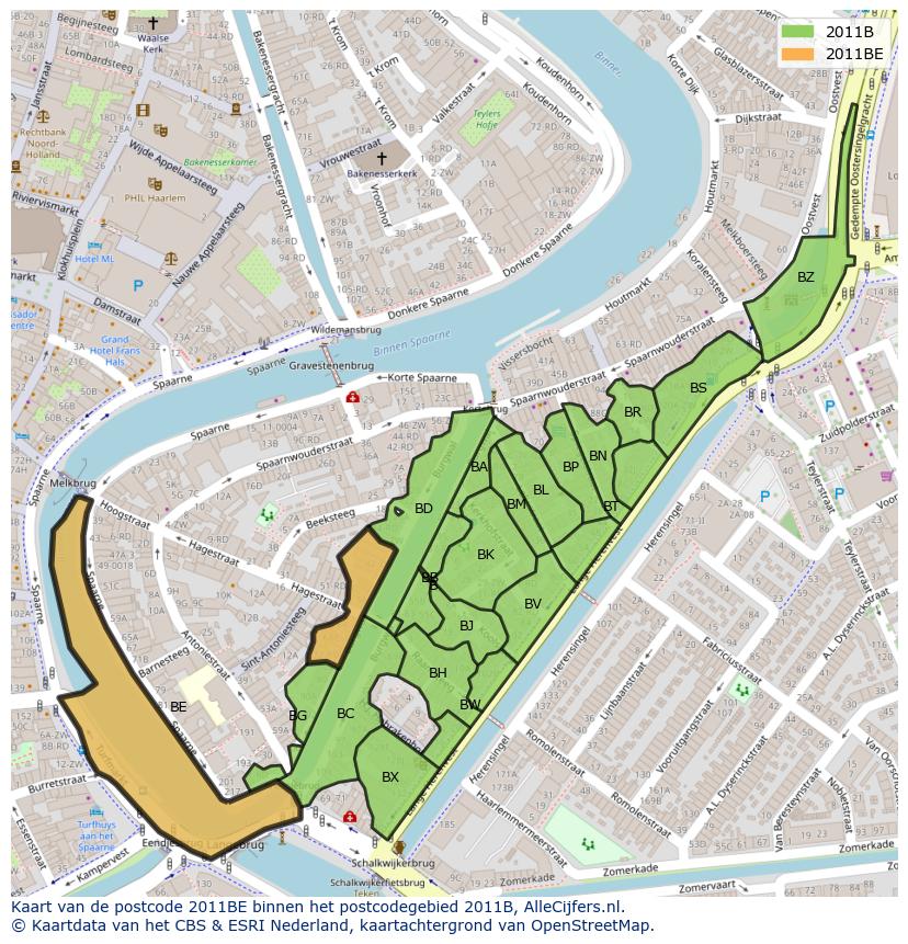 Afbeelding van het postcodegebied 2011 BE op de kaart.
