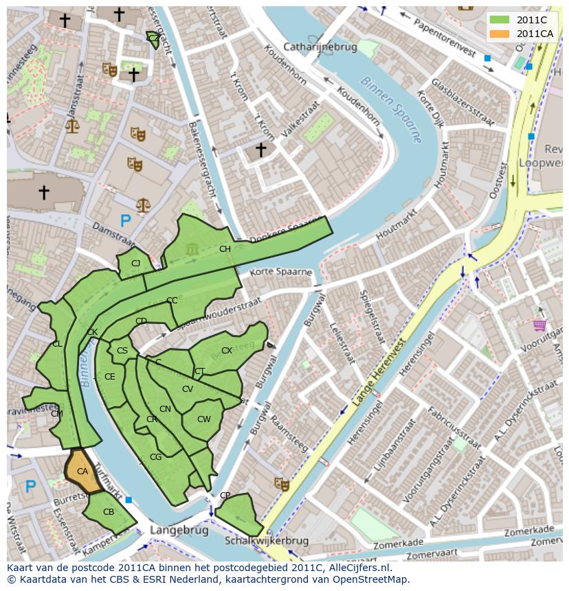 Afbeelding van het postcodegebied 2011 CA op de kaart.