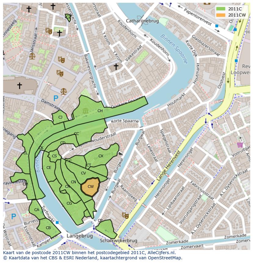 Afbeelding van het postcodegebied 2011 CW op de kaart.