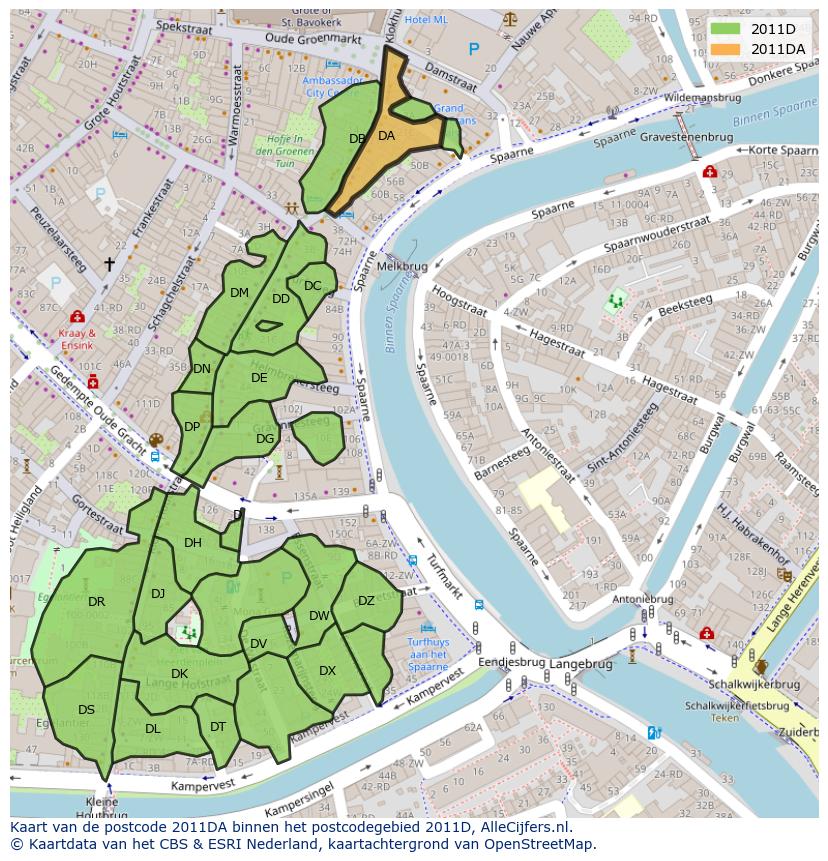 Afbeelding van het postcodegebied 2011 DA op de kaart.