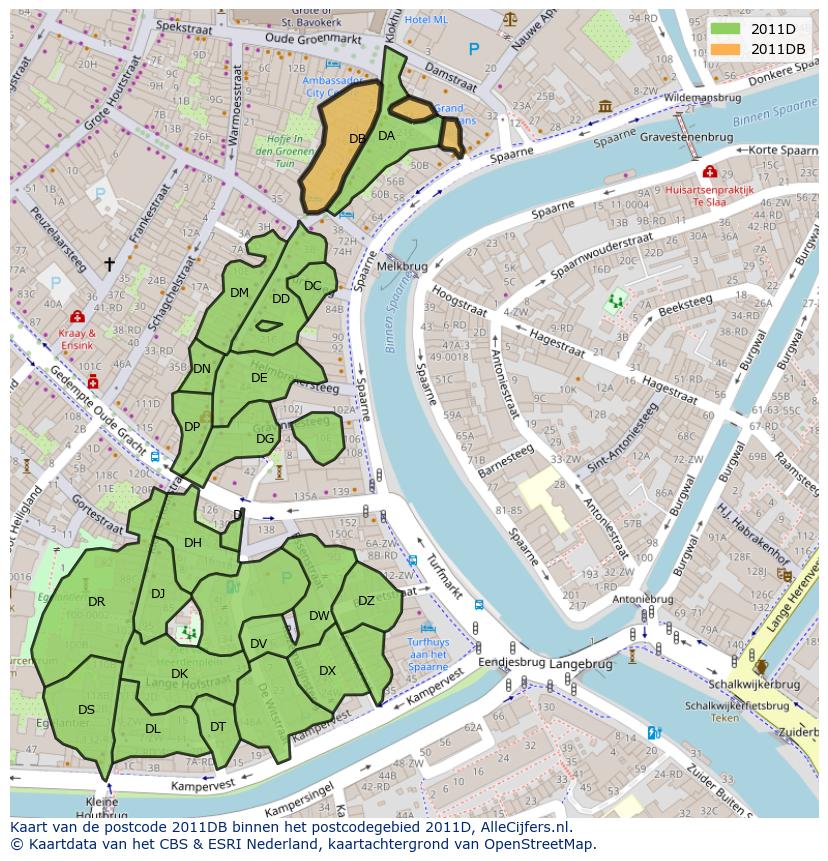 Afbeelding van het postcodegebied 2011 DB op de kaart.