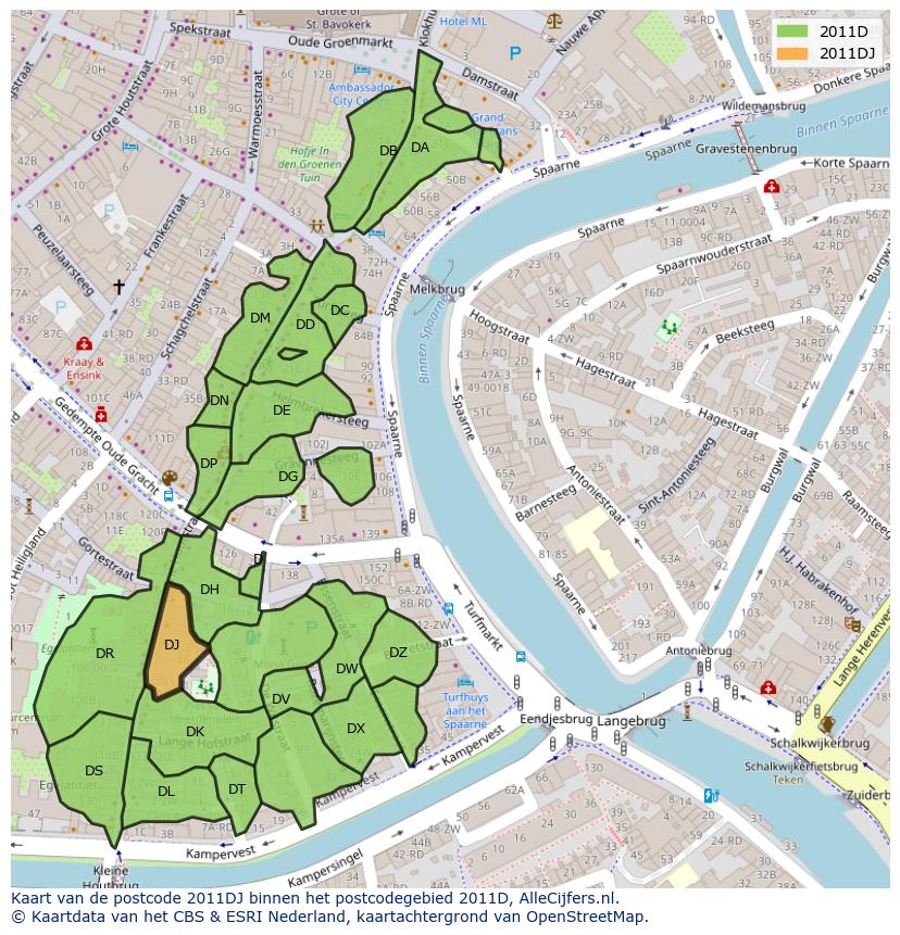 Afbeelding van het postcodegebied 2011 DJ op de kaart.