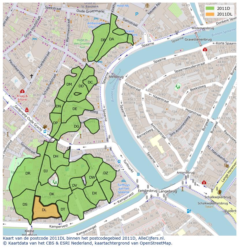Afbeelding van het postcodegebied 2011 DL op de kaart.