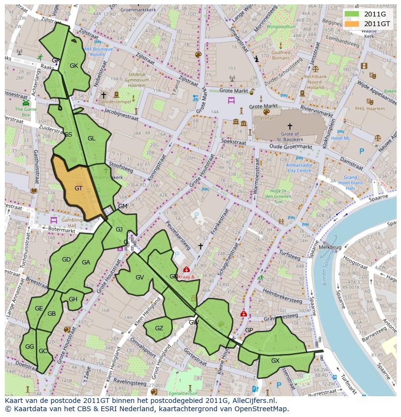 Afbeelding van het postcodegebied 2011 GT op de kaart.