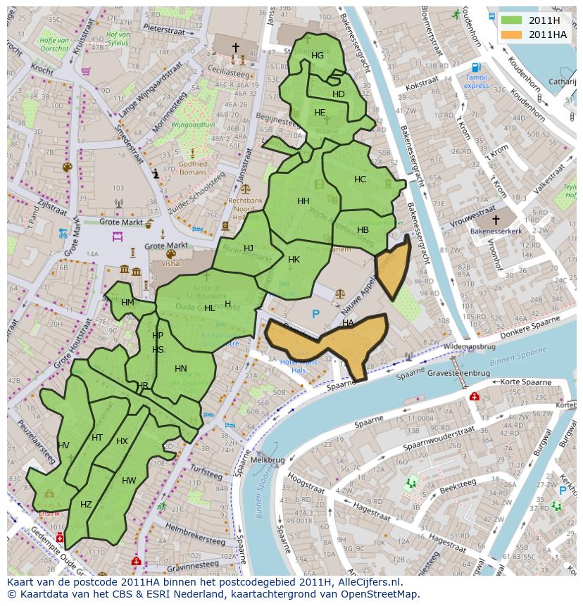 Afbeelding van het postcodegebied 2011 HA op de kaart.