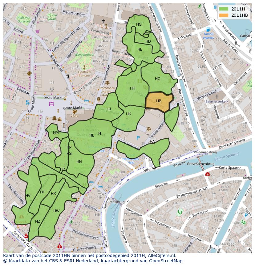 Afbeelding van het postcodegebied 2011 HB op de kaart.