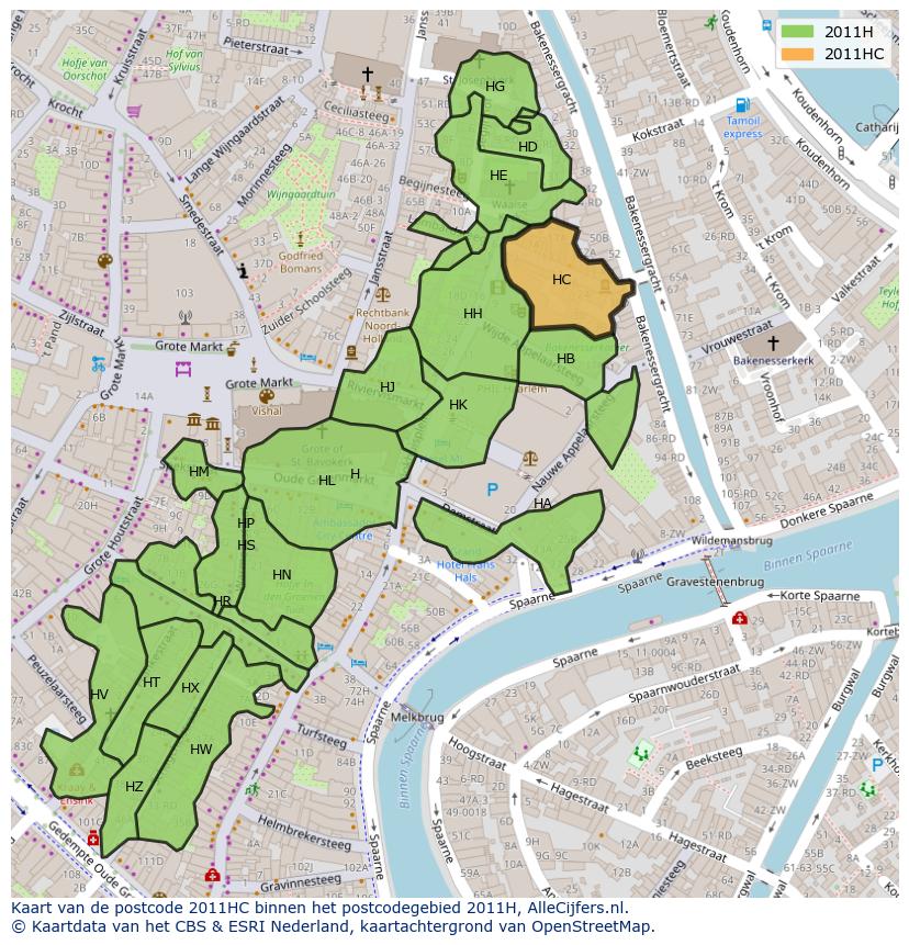 Afbeelding van het postcodegebied 2011 HC op de kaart.
