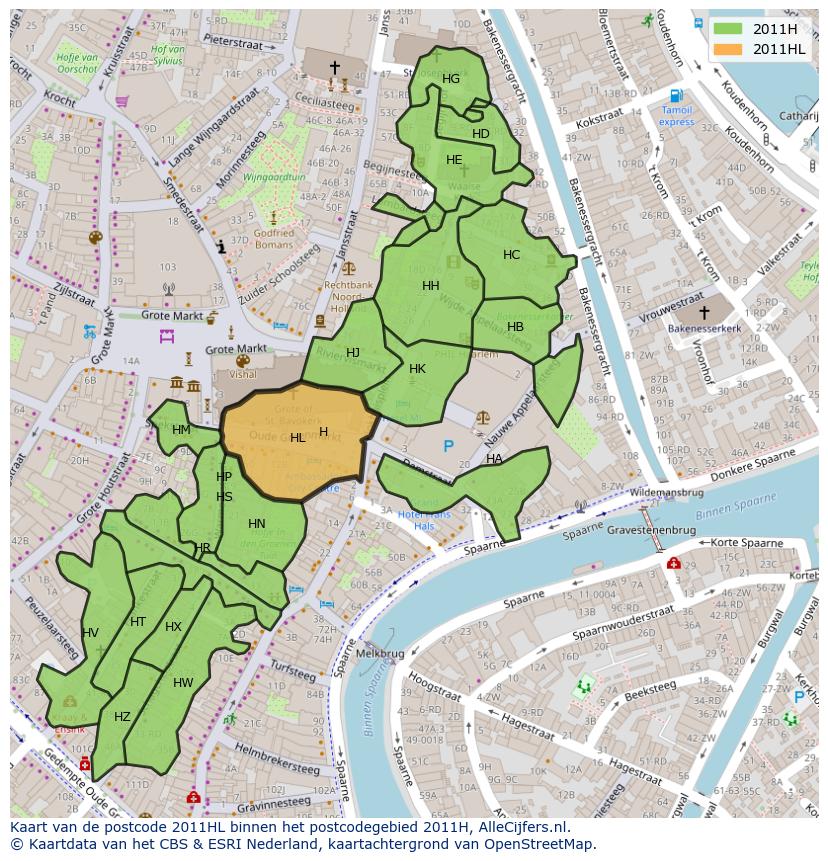 Afbeelding van het postcodegebied 2011 HL op de kaart.