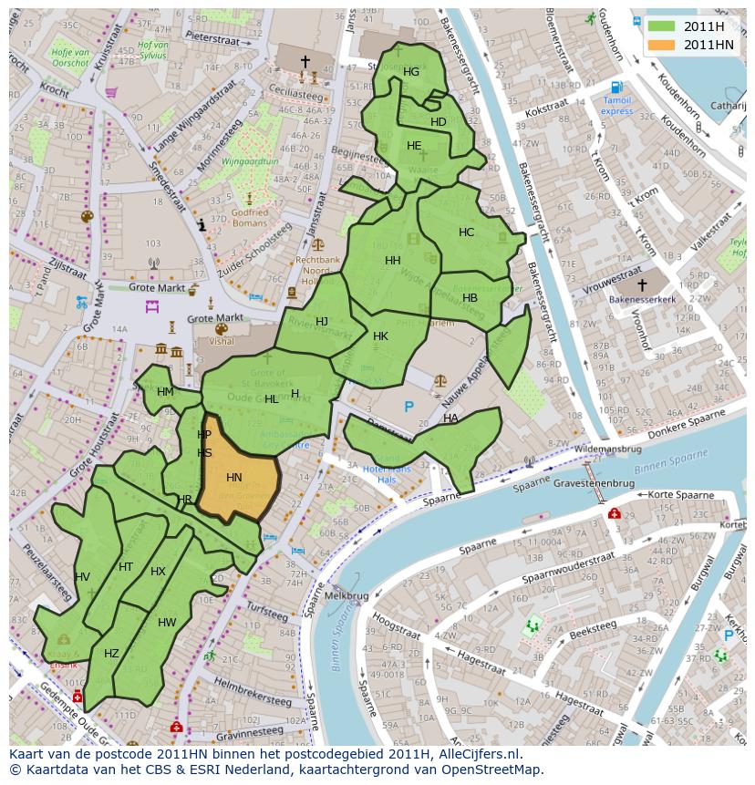 Afbeelding van het postcodegebied 2011 HN op de kaart.