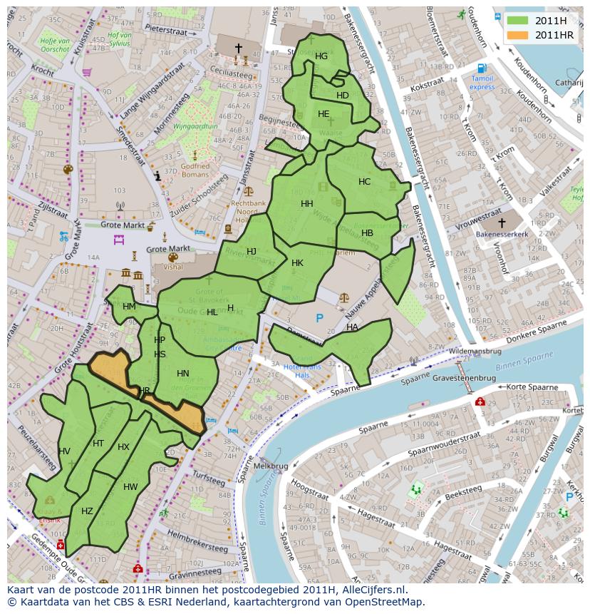 Afbeelding van het postcodegebied 2011 HR op de kaart.
