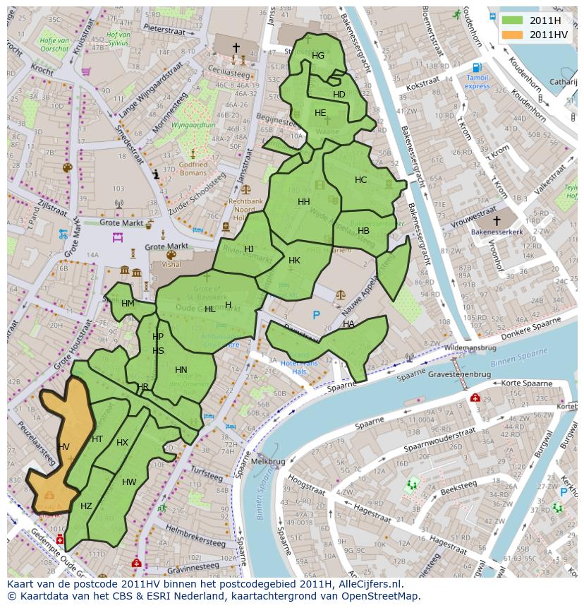 Afbeelding van het postcodegebied 2011 HV op de kaart.
